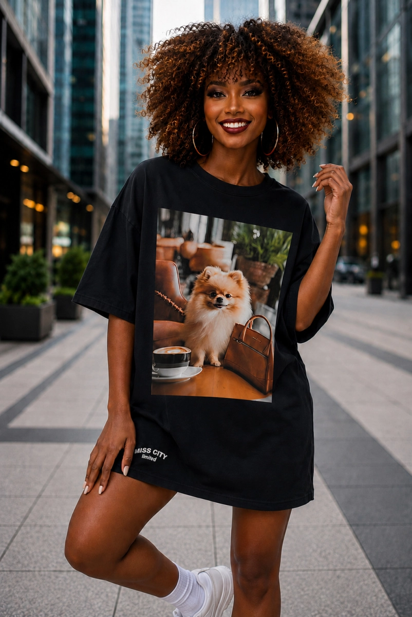 Długi t-shirt bluzka Szpic z torebką Miss City czarny