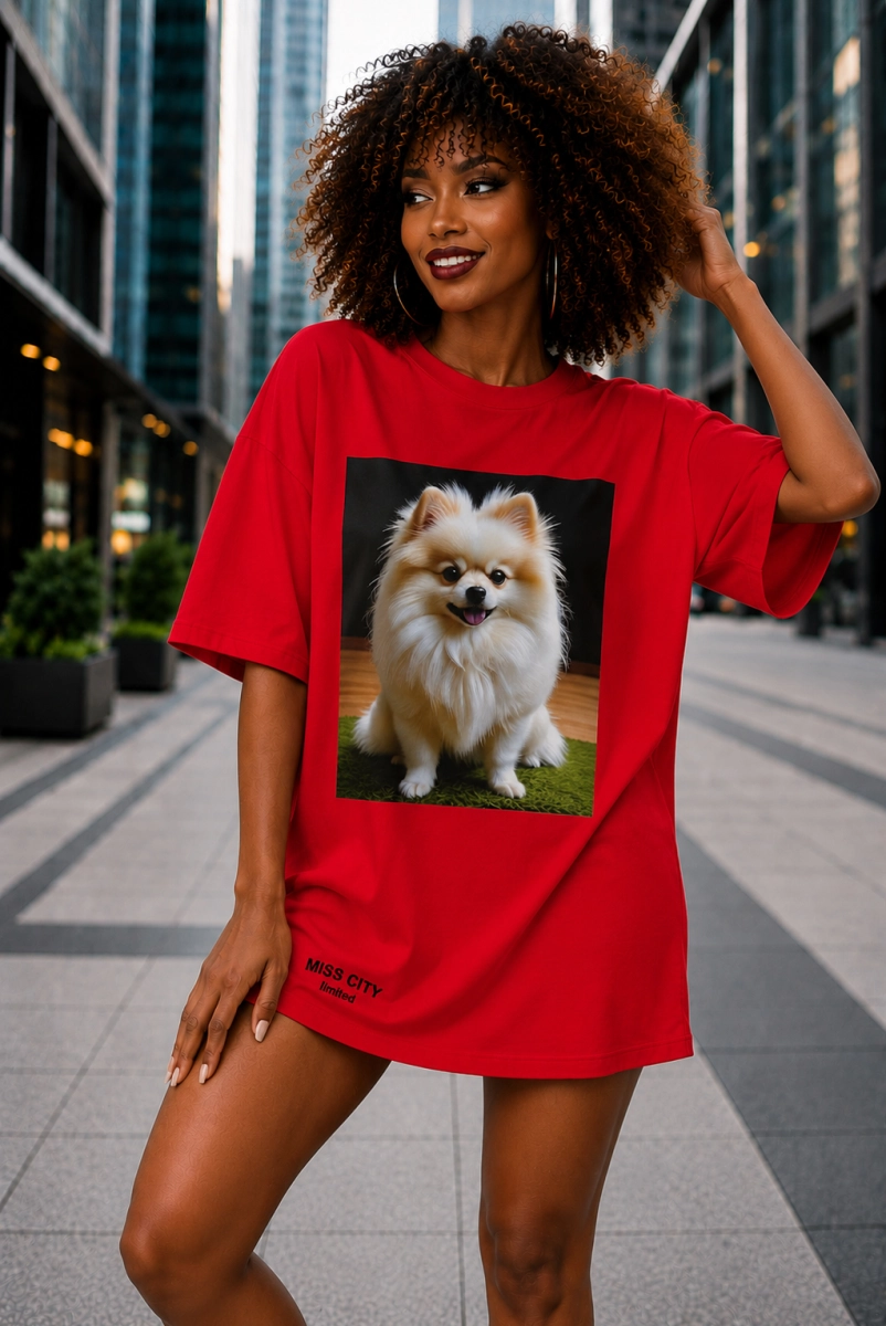 Długi t-shirt bluzka piesek Szpic Miss City czerwony