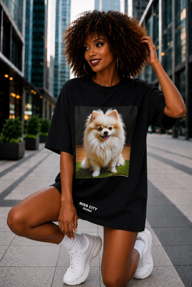 Długi t-shirt bluzka piesek Szpic Miss City czarny