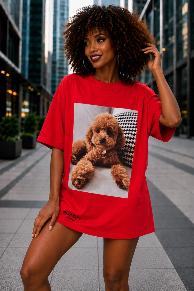 Długi t-shirt bluzka Cavapoo Miss City czerwony