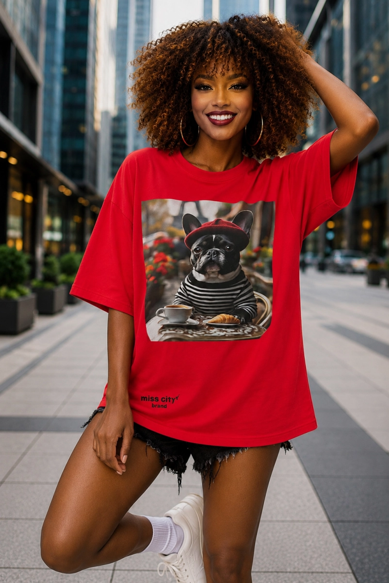 Długi t-shirt bluzka Buldog Francuski Miss City czerwony