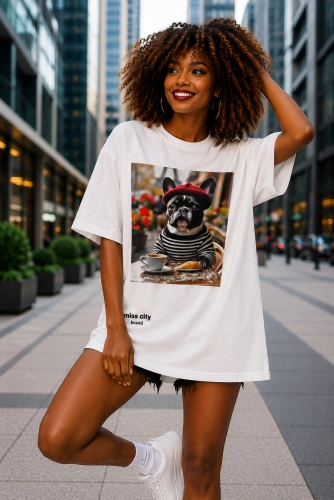 Długi t-shirt bluzka Buldog Francuski Miss City biały