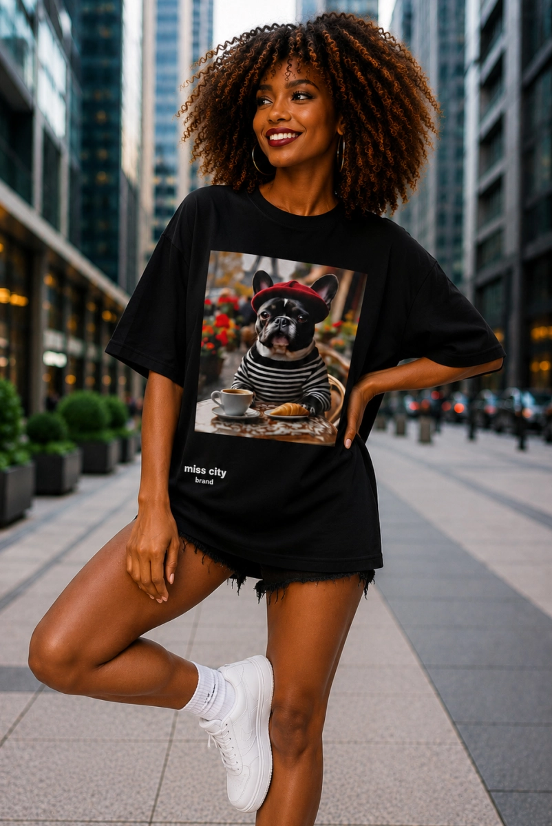 Długi t-shirt bluzka Buldog Francuski Miss City czarny