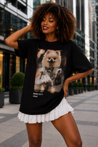 Długi t-shirt bluzka Szpic Pomeranian Miss City czarna