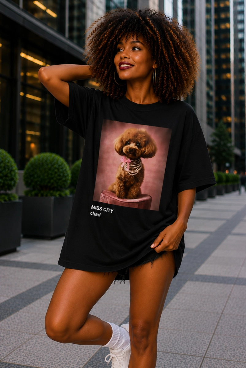 Długi t-shirt bluzka Pudel Toy Miss City czarny