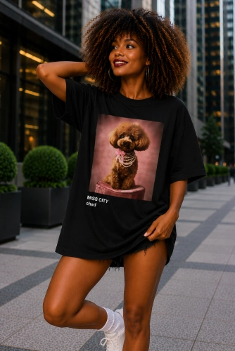 Długi t-shirt bluzka Pudel Toy Miss City czarny
