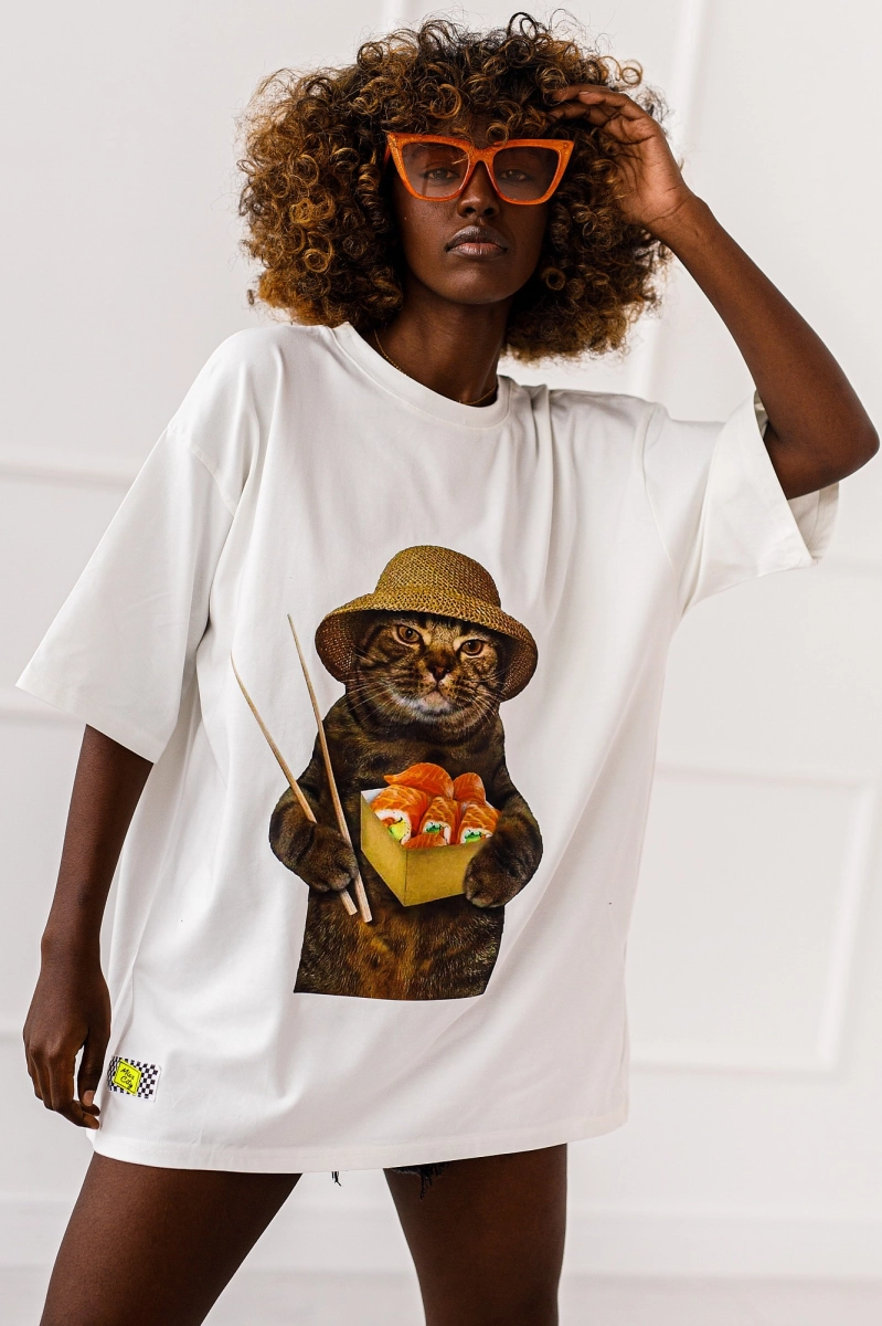 Długi t-shirt bluzka Cat Nigiri Miss City biały