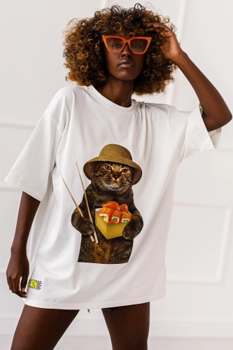 Długi t-shirt bluzka Cat Nigiri Miss City biały