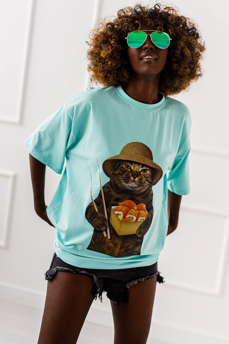 Długi t-shirt bluzka Cat Nigiri Miss City miętowa 
