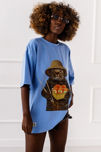 Długi t-shirt bluzka Cat Nigiri Miss City niebieska