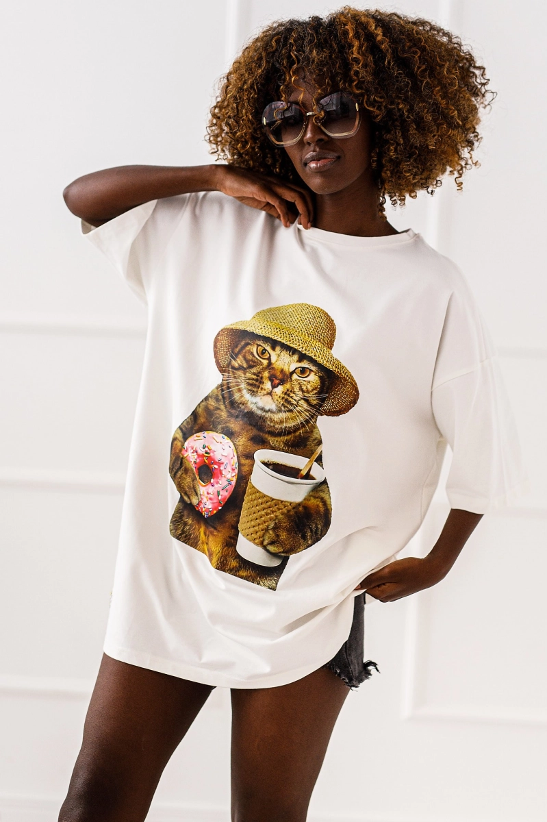 Długi t-shirt bluzka Cat Molly Miss City biały