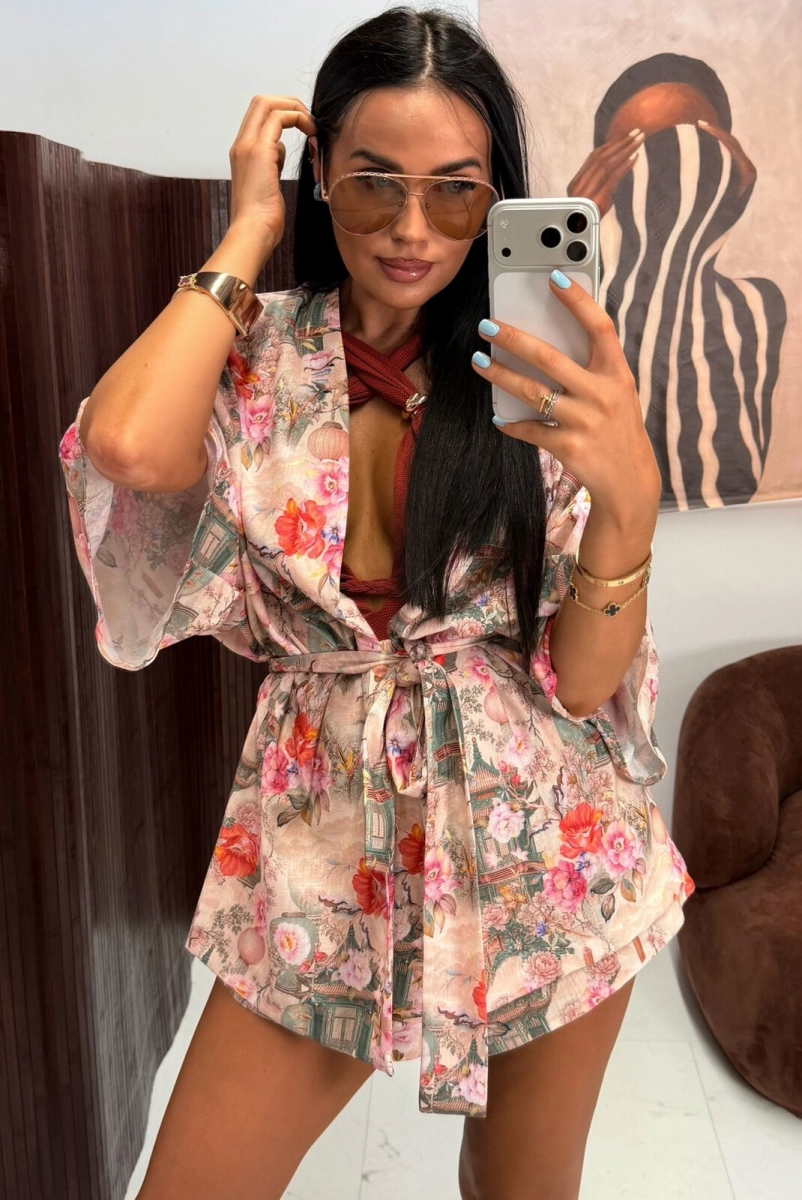 Komplet koszula kimono i spodenki w kwiaty La Milla jasno różowy 