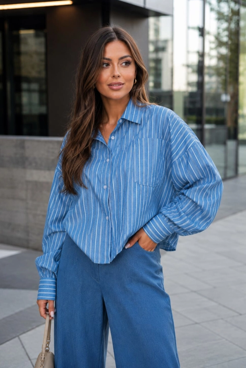 Koszula bluzka MC z marszczeniami na rękawach w paski LaDivaMia granatowa