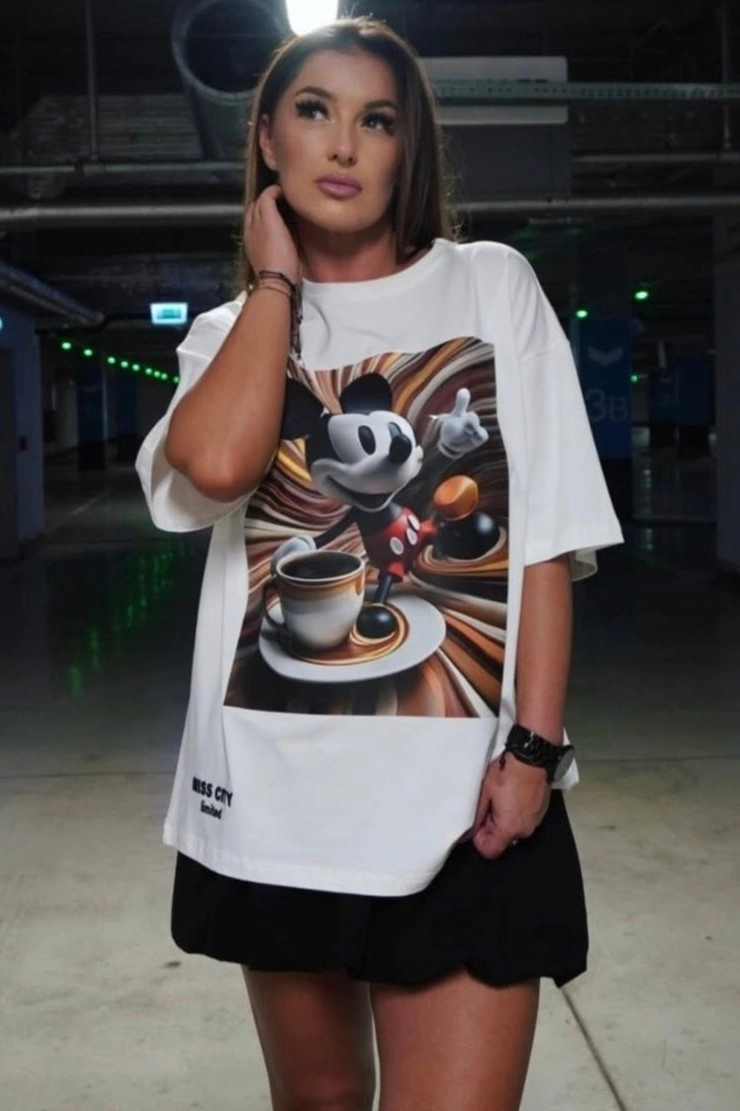 Długi t-shirt bluzka Myszka Coffee Miss City biały 