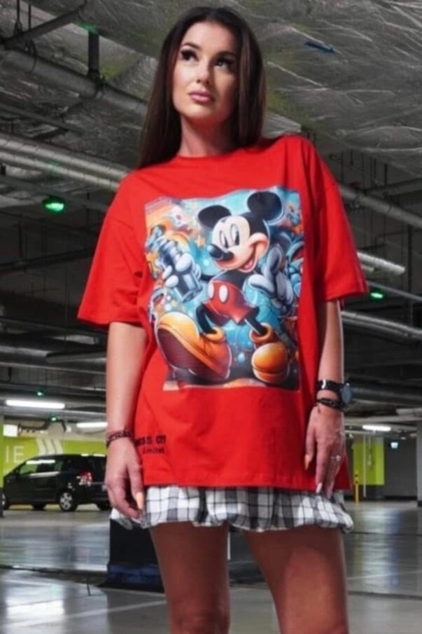 Długi t-shirt bluzka Myszka Graffiti Miss City czerwony 