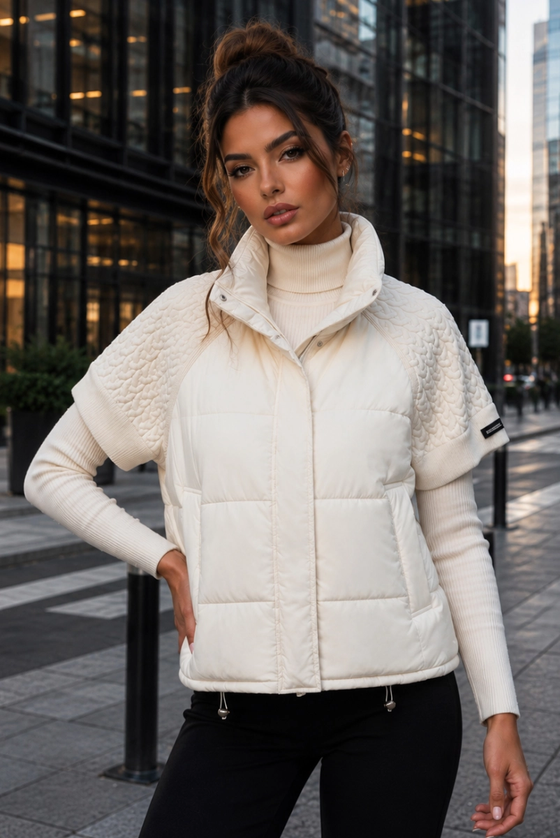 Kamizelka damska z dzianinowymi rękawami lekko ocieplana pikowana kremowa
