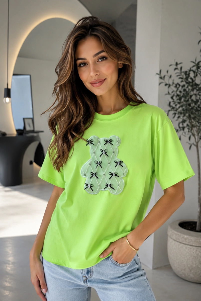 Oversizowa bluzka T-shirt koszulka Miś Minouu limonka 