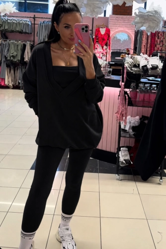 Komplet bluza top i legginsy w prążek La Milla czarny