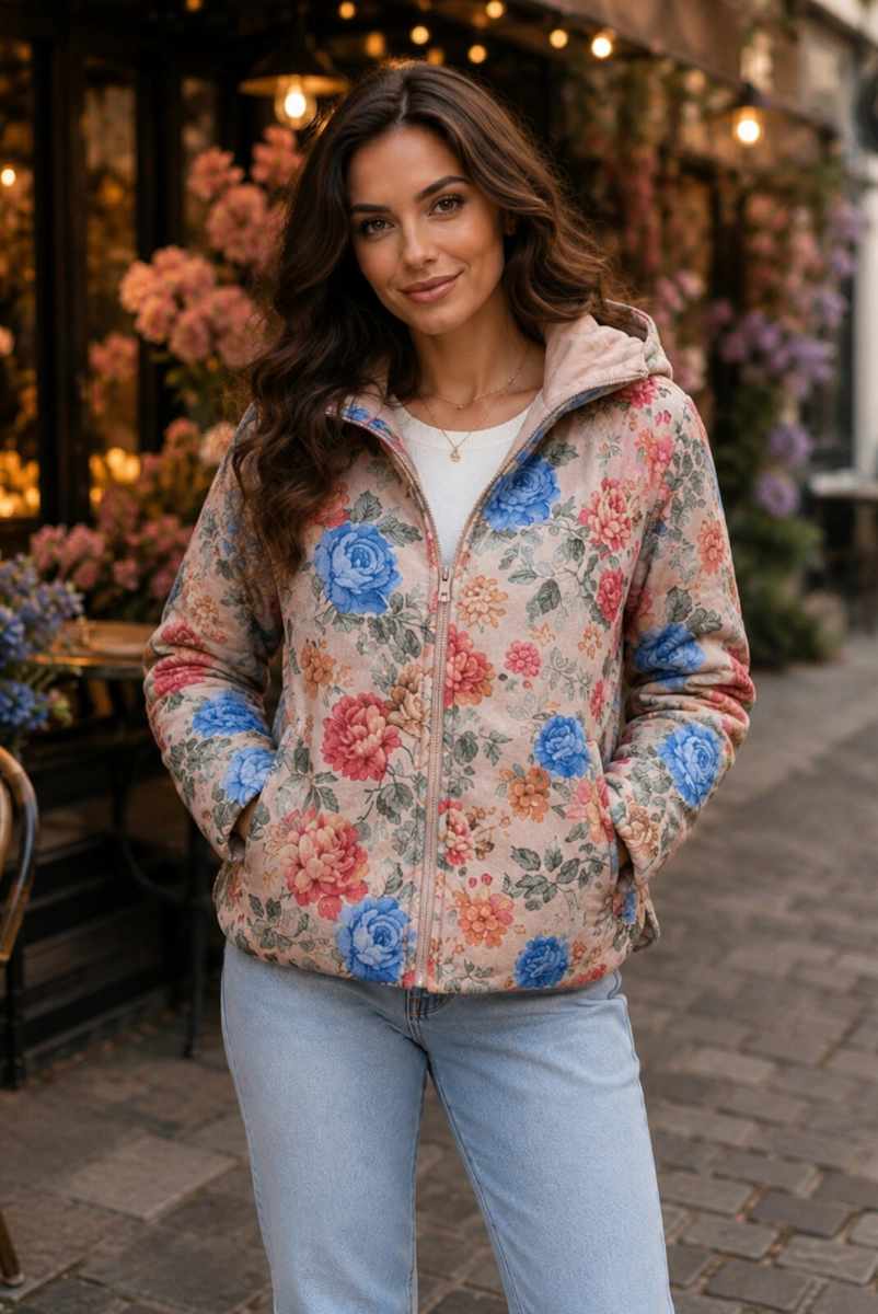 Krótka dwustronna kurtka FLOWER LaDonna beżowa
