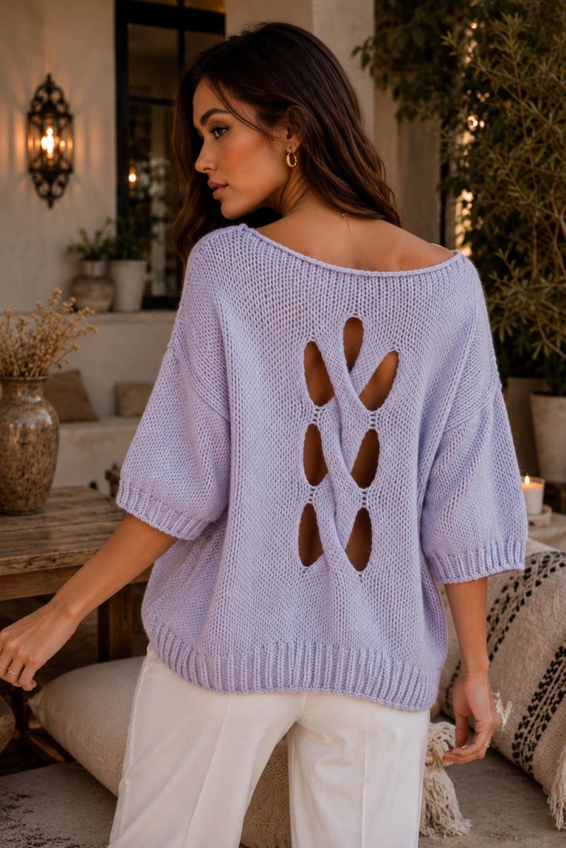 Sweter z krótkim rękawem i plecionką Minouu liliowy