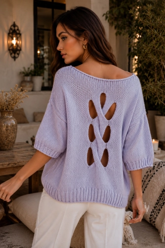 Sweter z krótkim rękawem i plecionką Minouu liliowy