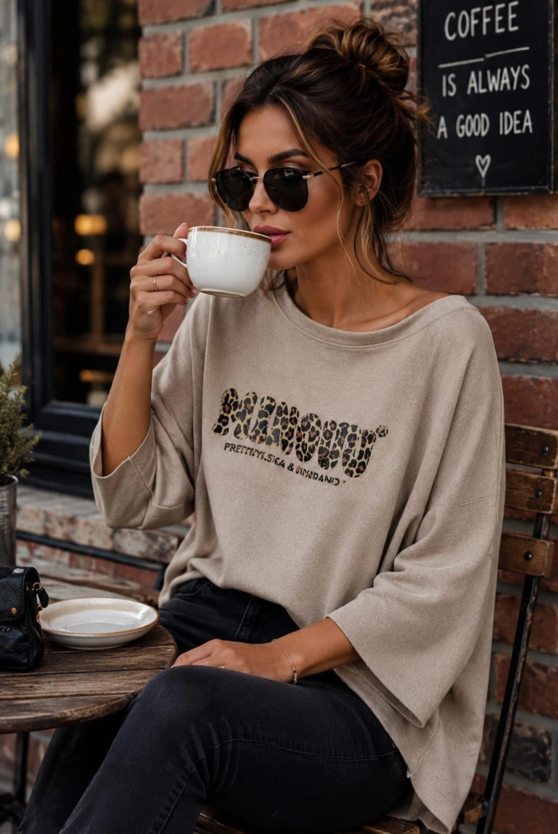 Bluzka swetrowa z logo Minouu gepard camel