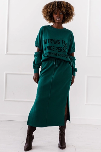 komplet damski, komplet bluza i spódnica, komplet ze spódnicą maxi, zielony komplet damski, komplet oversize, bluza z nadrukiem damska, długa spódnica dresowa, komplet casual damski, komplet streetwear, modne komplety damskie, SelaviFashion.pl