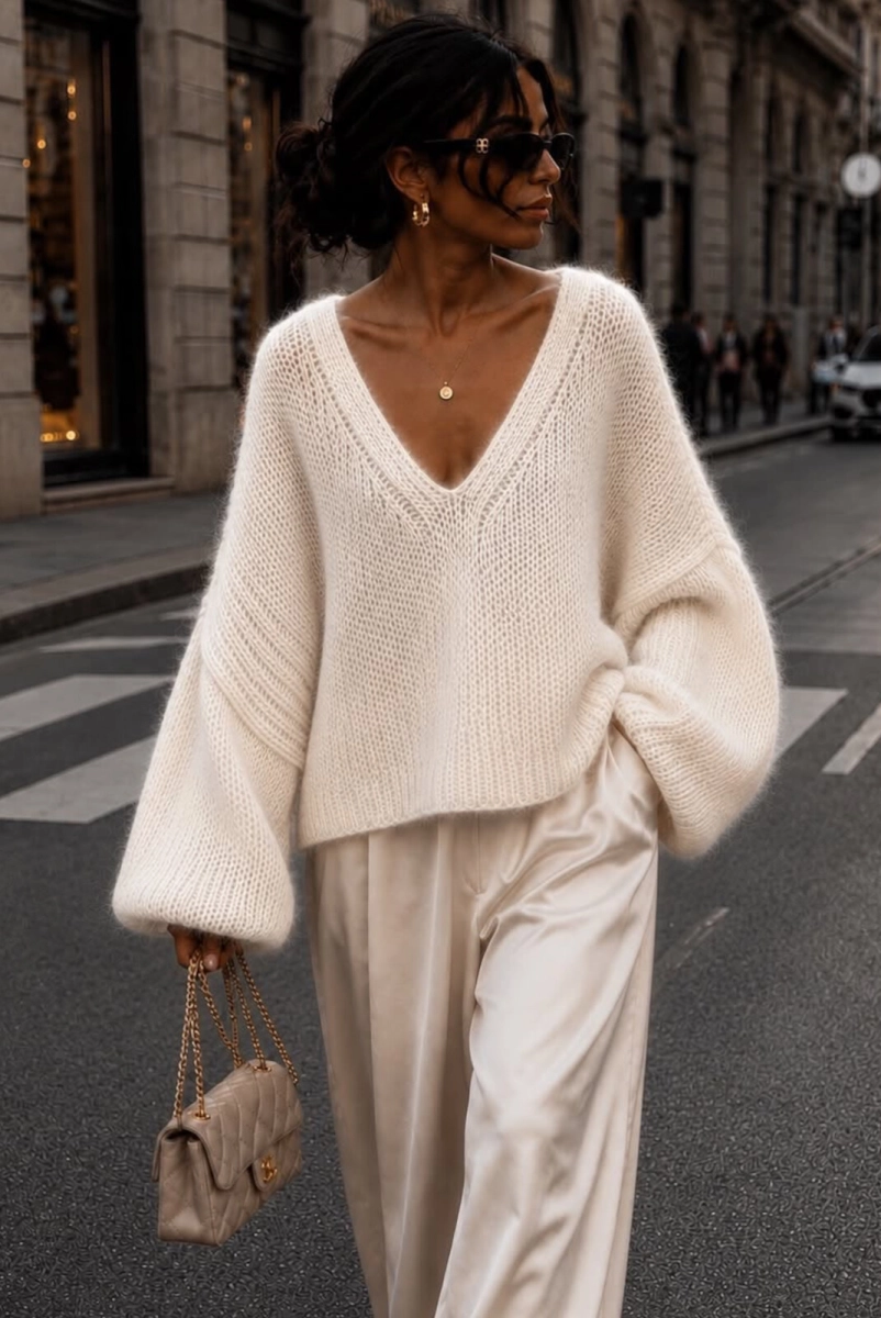 Sweter z alpaka z dekoltem Yarn ecru