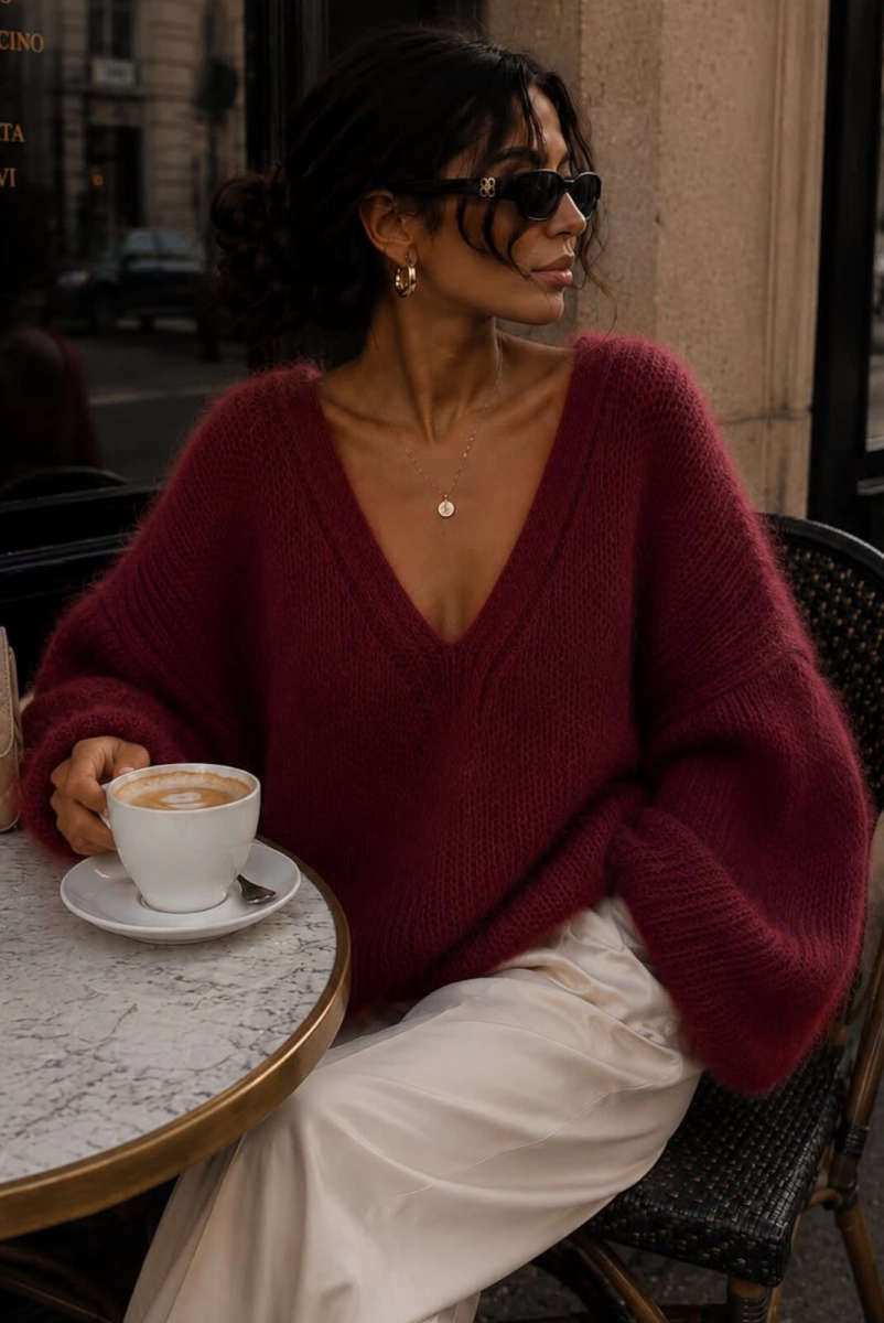 Sweter z alpaka z dekoltem Yarn bordowy