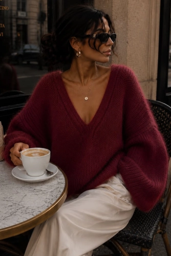 Sweter z alpaka z dekoltem Yarn bordowy