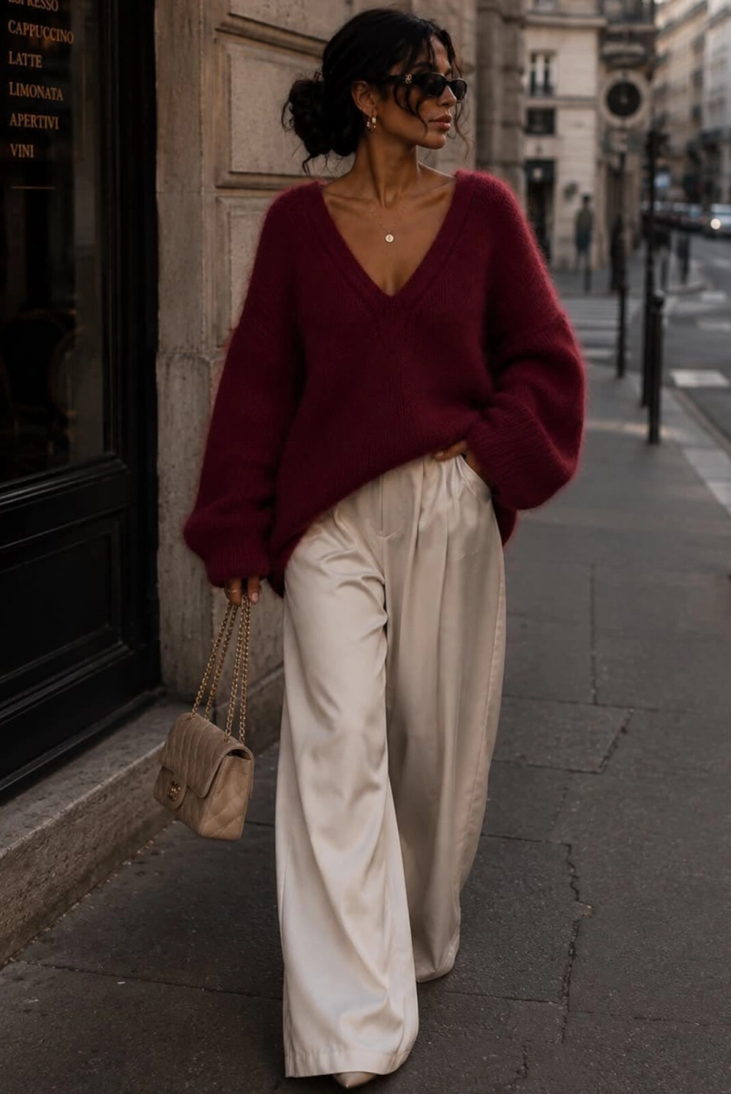 Sweter z alpaka z dekoltem Yarn bordowy