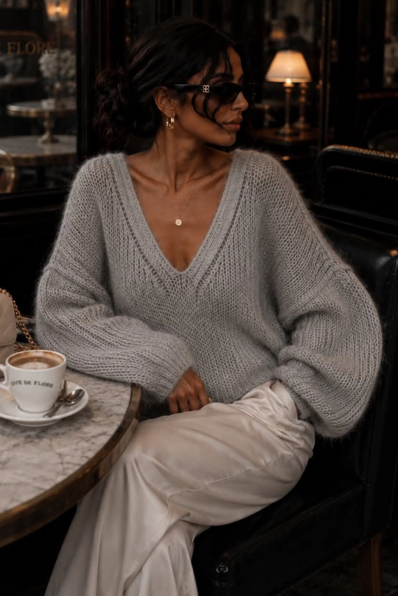 Sweter z alpaka z dekoltem Yarn jasno szary 