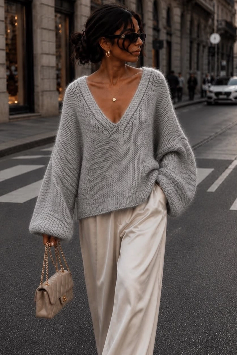 Sweter z alpaka z dekoltem Yarn jasno szary