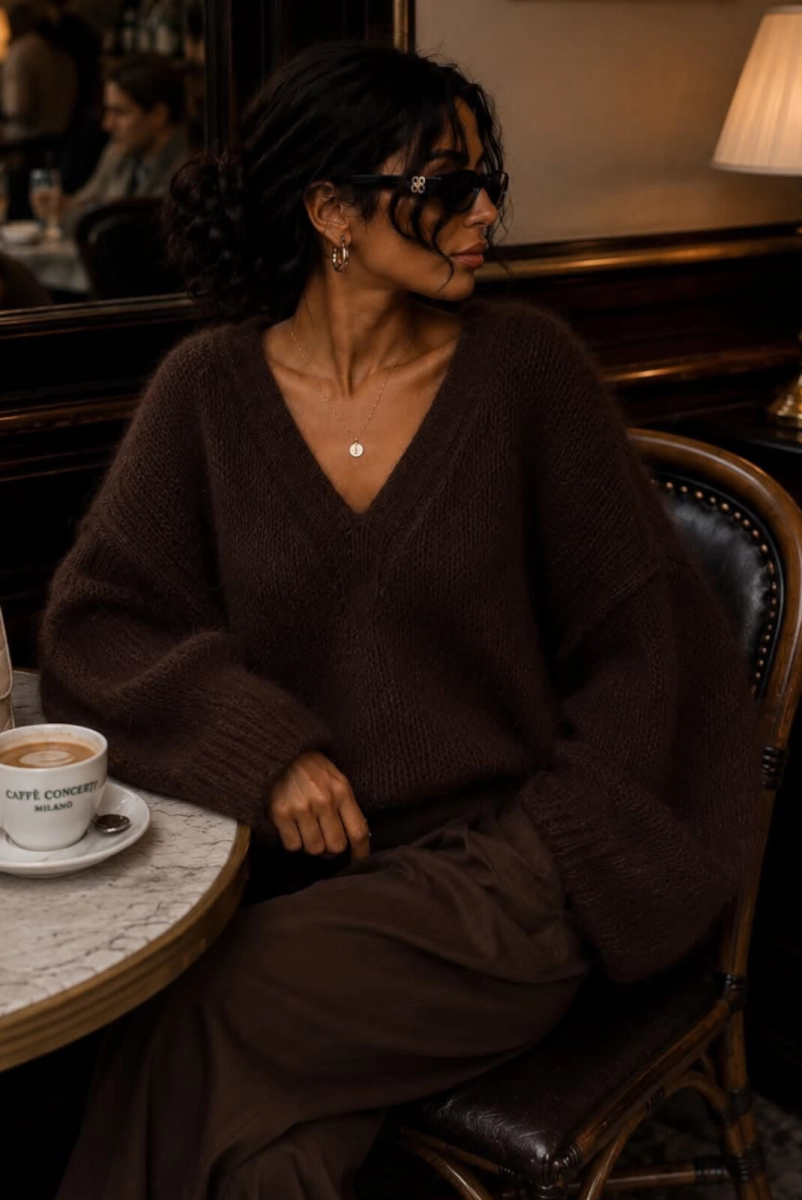 Sweter z alpaka z dekoltem Yarn brązowy