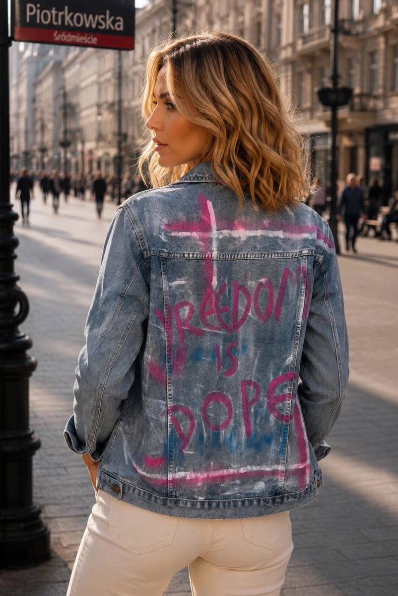 Kurtka jeans z różową aplikacją niebieska