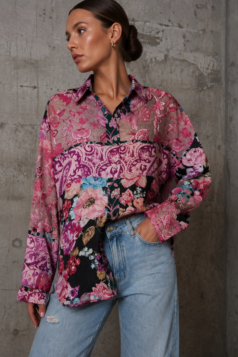Koszula w kwiaty Patchwork Roomy Simplicity czarna