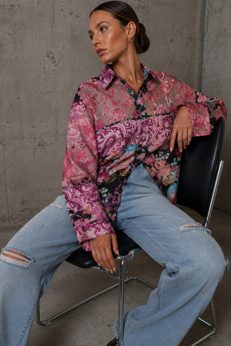 Koszula w kwiaty Patchwork Roomy Simplicity czarna