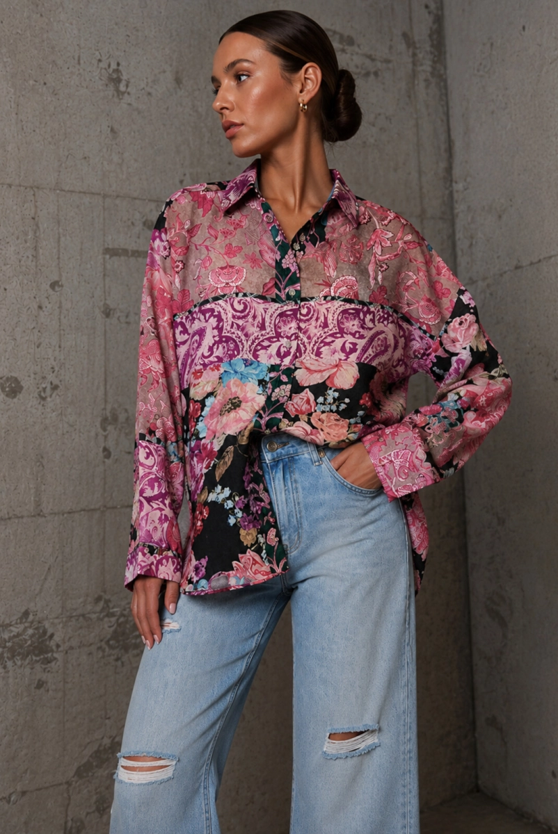 Koszula w kwiaty Patchwork Roomy Simplicity czarna