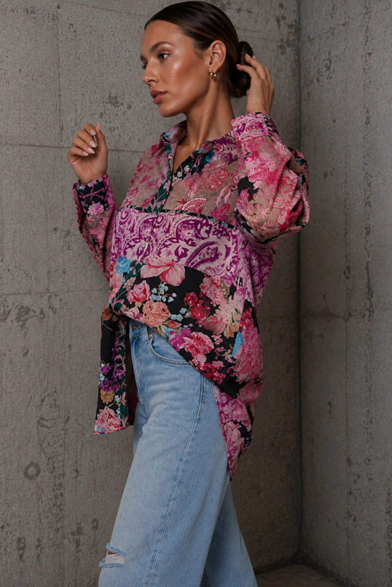 Koszula w kwiaty Patchwork Roomy Simplicity czarna
