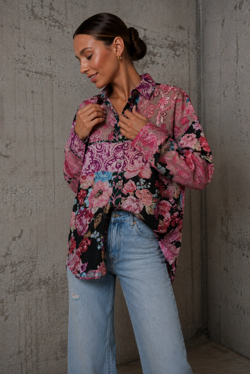 Koszula w kwiaty Patchwork Roomy Simplicity czarna