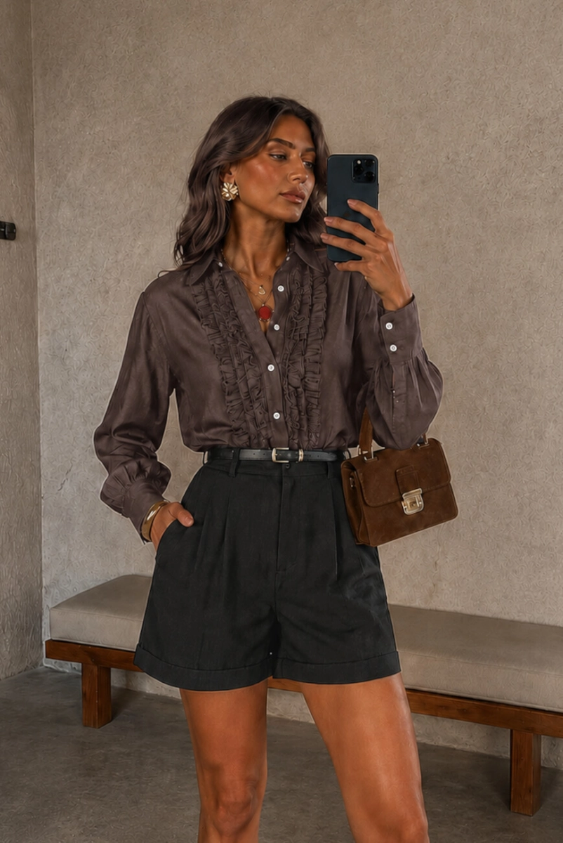 Elegancka koszula z falbanką Lordi Simplicity czekoladowa