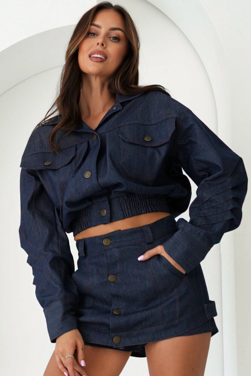 Krótka kurtka z marszczeniem na rękawie Jeans SCANDAL Lavestino granatowa 