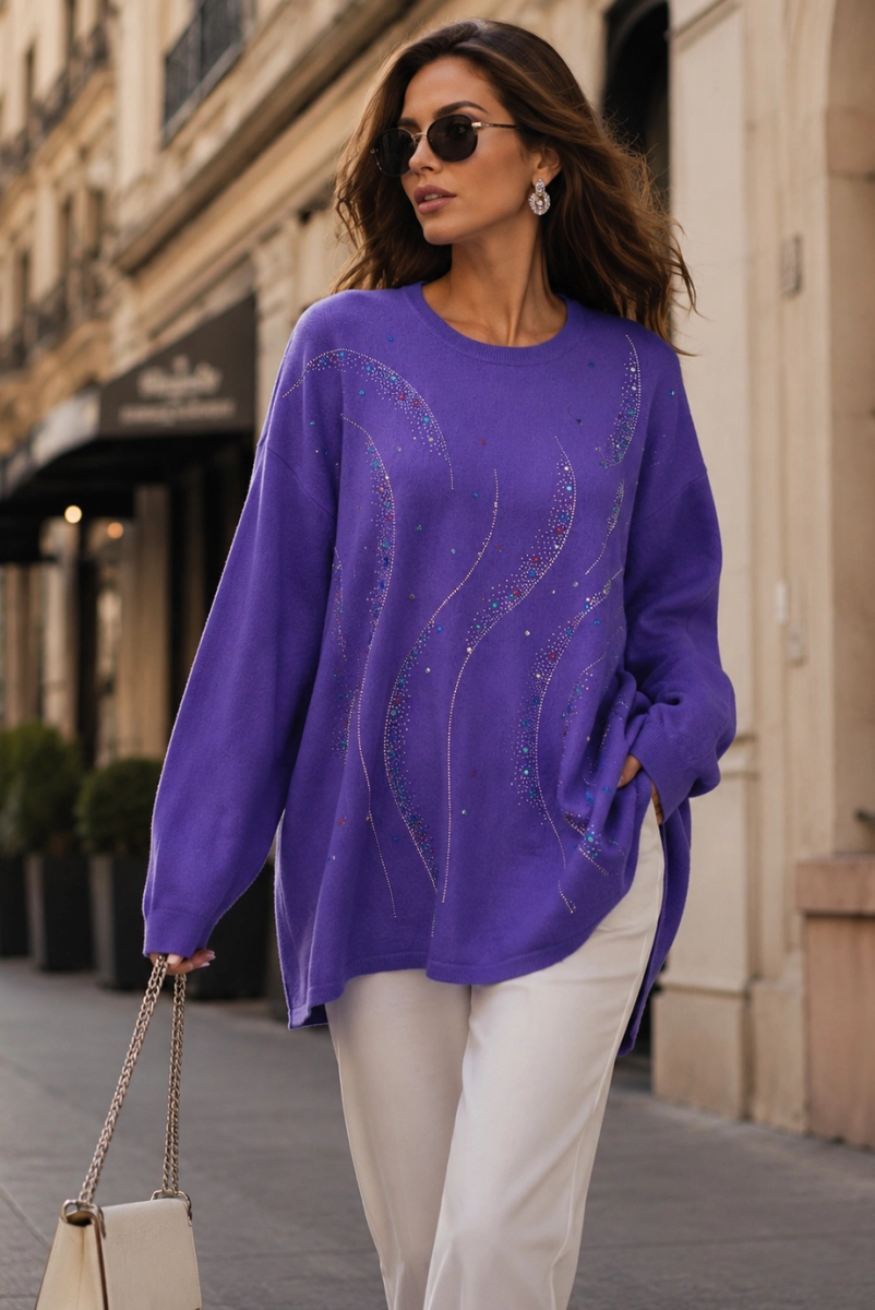 Sweter z cyrkoniową aplikacją Minouu fioletowy