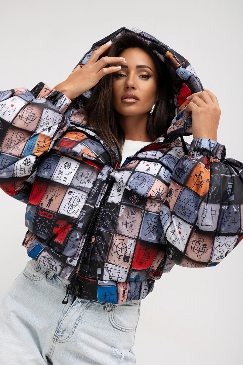 Krótka kurtka z kapturem Moon Icon Puffer Miss City Official szara