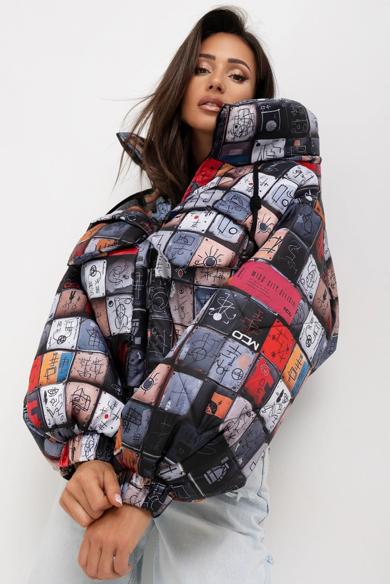 Krótka kurtka z kapturem Moon Icon Puffer Miss City Official szara
