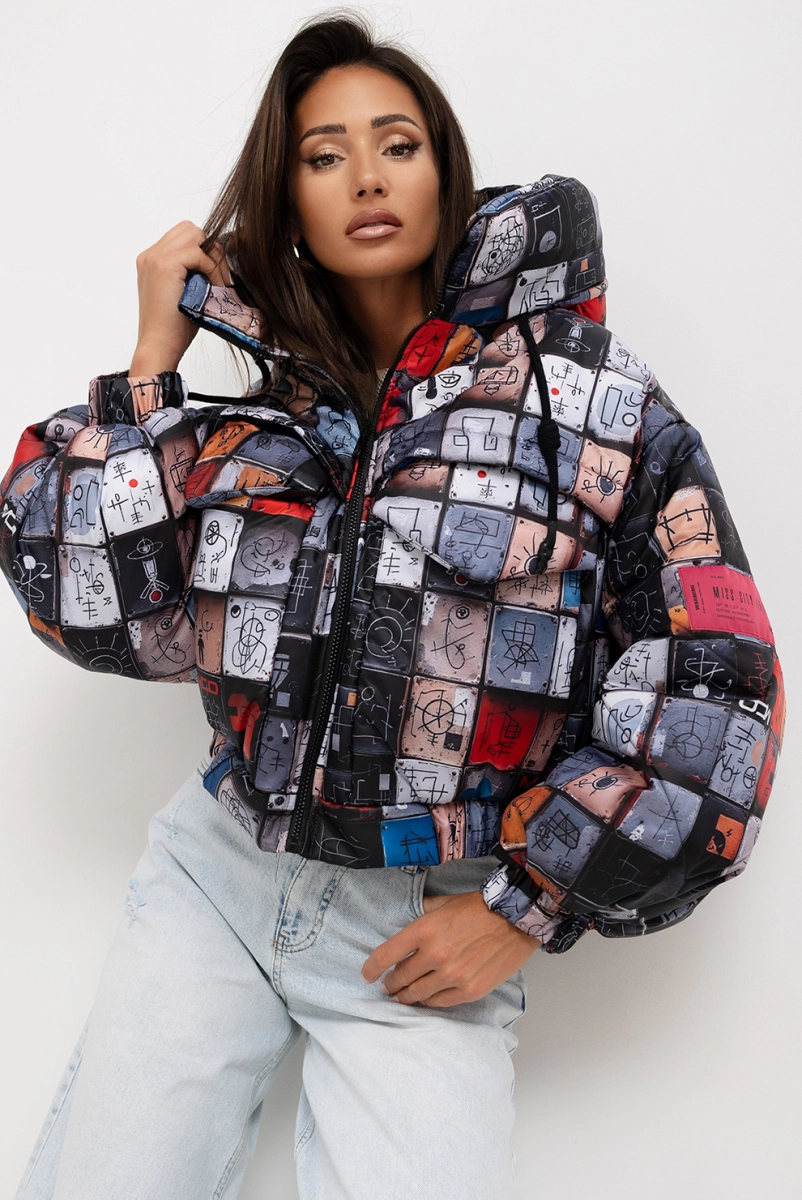 Krótka kurtka z kapturem Moon Icon Puffer Miss City Official szara