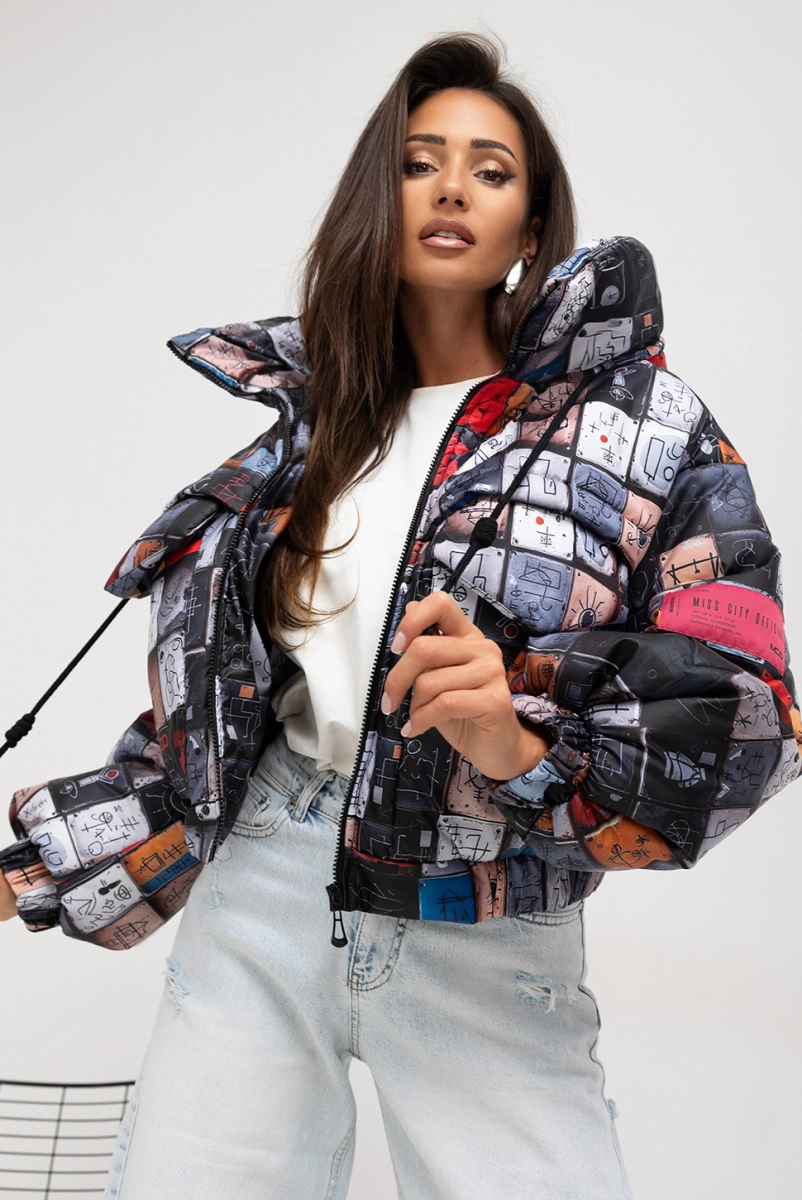 Krótka kurtka z kapturem Moon Icon Puffer Miss City Official szara