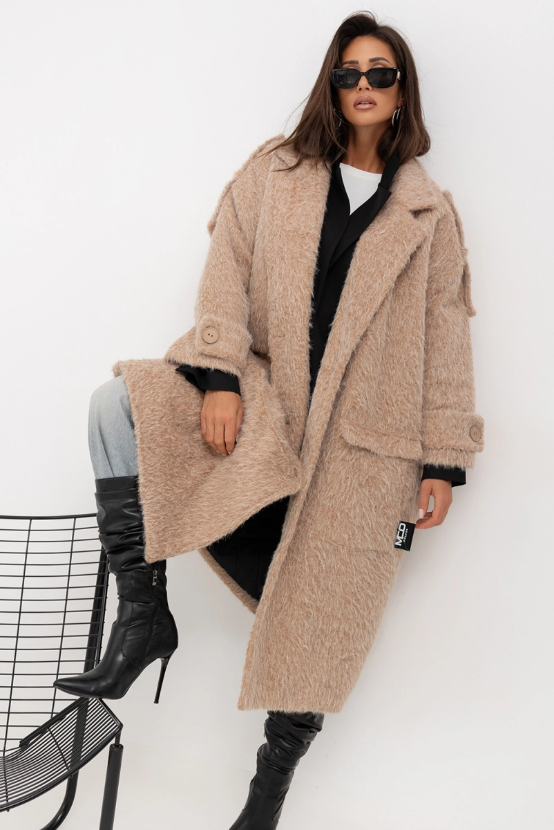 Płaszcz oversize Long Faux Fur Miss City Official beżowy