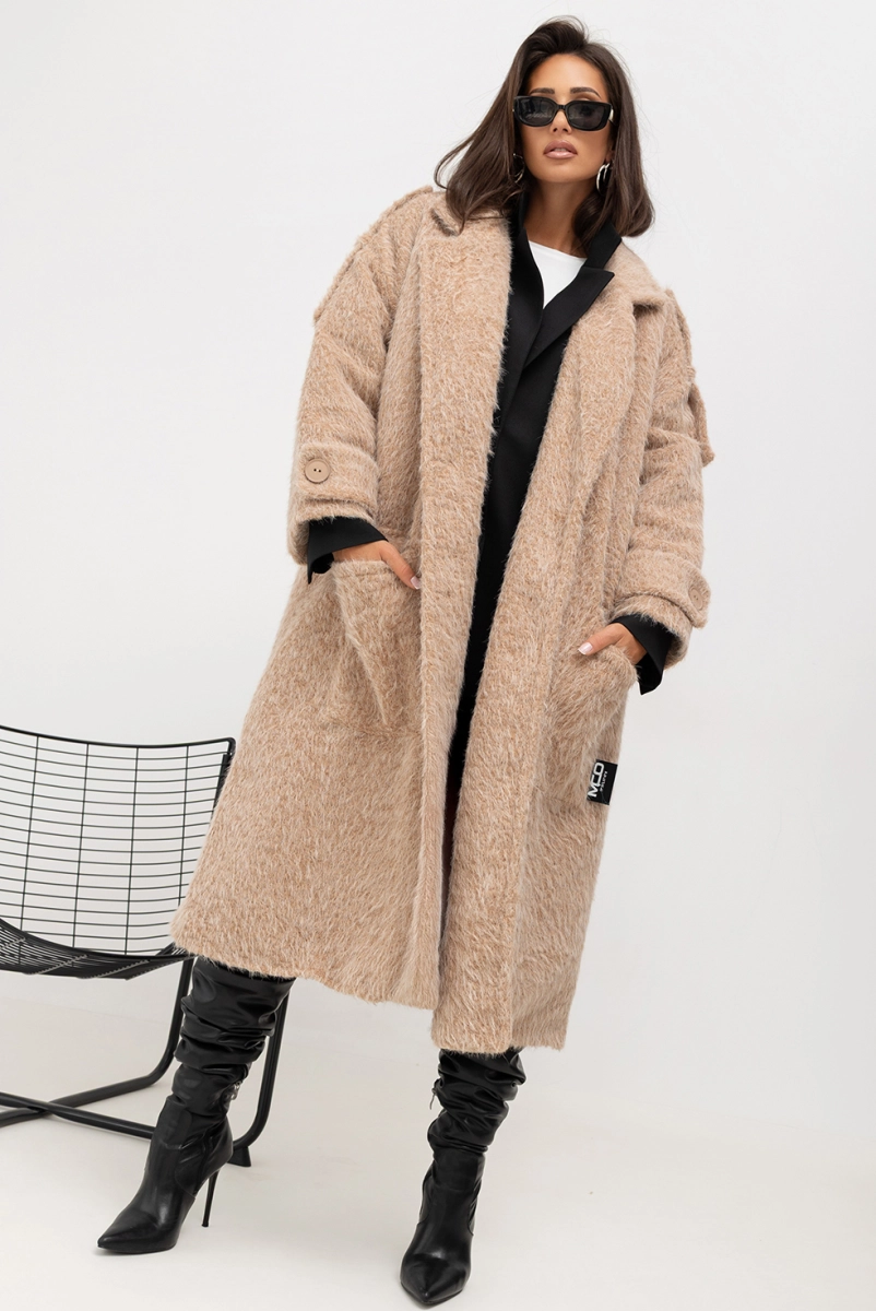 Płaszcz oversize Long Faux Fur Miss City Official beżowy
