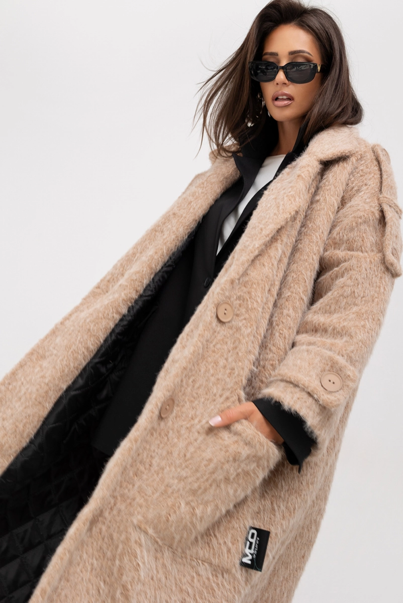 Płaszcz oversize Long Faux Fur Miss City Official beżowy
